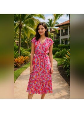 ICHI Belted Vibrant Pink And Purple Patterned Dress